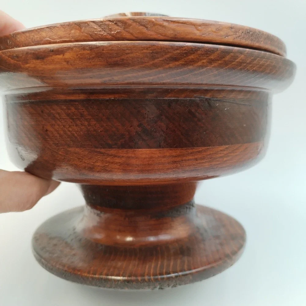 Vintage Hand Turned Wood Lidded Pedestal Bowl Artisan Signed 